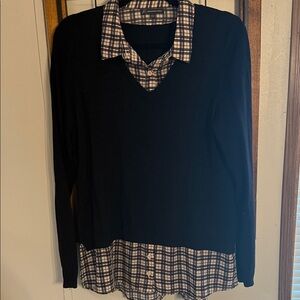 Adrianna Papell Black and Tan Plaid Layered Women's Top Size L